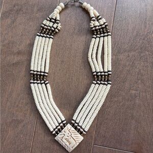 Hand-carved bone and brass Beaded Necklace, 17”